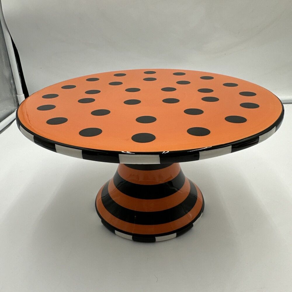 Vtg SUR LA TABLE Orange HALLOWEEN Polka Dot Striped CAKE PEDESTAL STAND PLATE 10